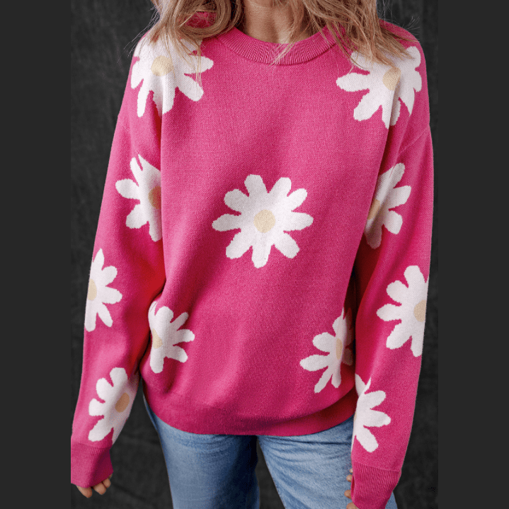 REDUCED!!!  Kyra Bright Pink Daisy Flower Crew Neck Long Sleeve Sweater  REDUCED!!!