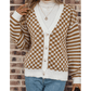 Noreen Brown Checkered Striped Patched Buttoned V Neck Cardigan