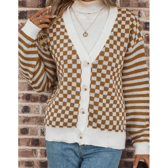 Noreen Brown Checkered Striped Patched Buttoned V Neck Cardigan