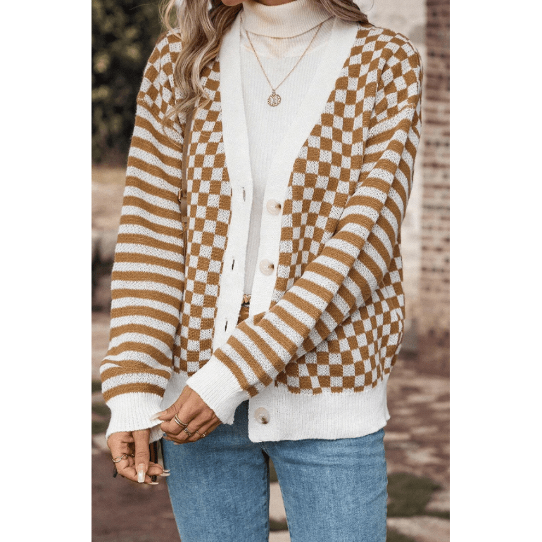 Noreen Brown Checkered Striped Patched Buttoned V Neck Cardigan