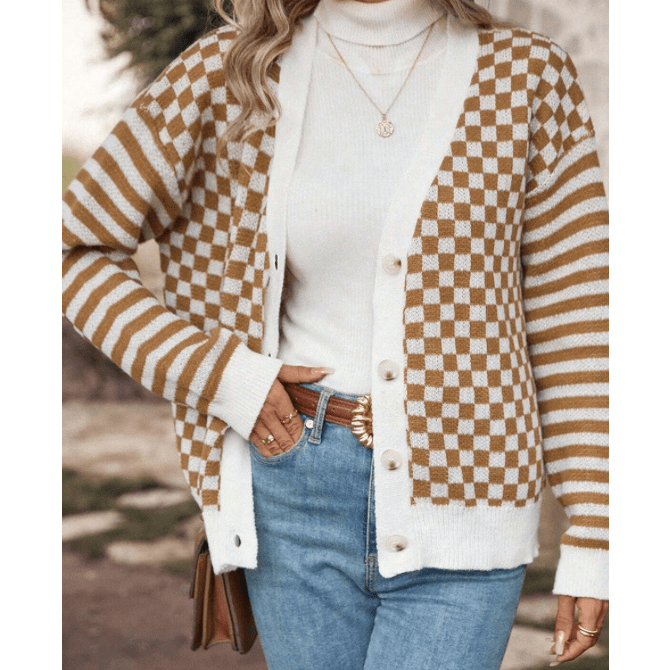 Noreen Brown Checkered Striped Patched Buttoned V Neck Cardigan