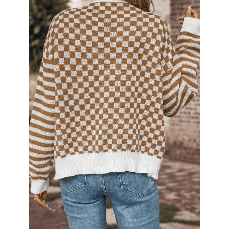 Noreen Brown Checkered Striped Patched Buttoned V Neck Cardigan