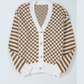 Noreen Brown Checkered Striped Patched Buttoned V Neck Cardigan