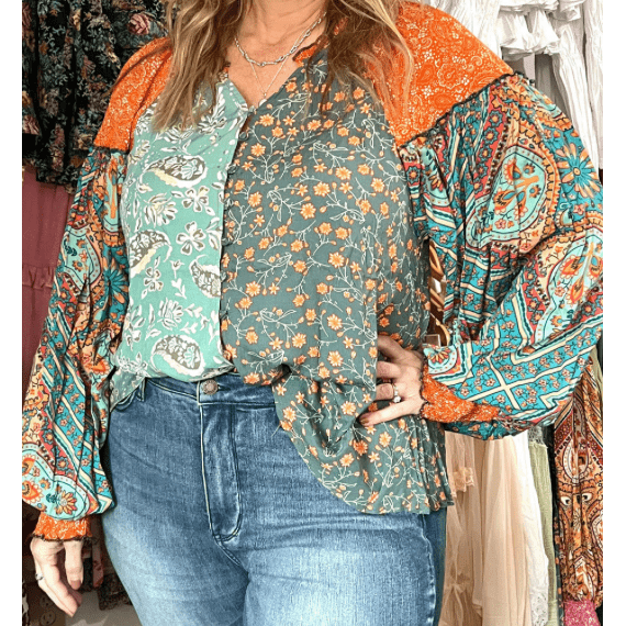 RTS Camryn Green Floral Patchwork Lantern Sleeve Buttoned V Neck PLUS SIZE Blouse
