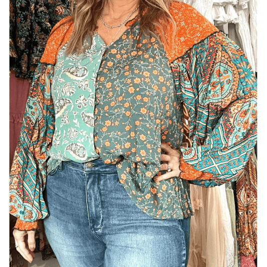 RTS Camryn Green Floral Patchwork Lantern Sleeve Buttoned V Neck PLUS SIZE Blouse
