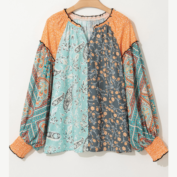 RTS Camryn Green Floral Patchwork Lantern Sleeve Buttoned V Neck PLUS SIZE Blouse