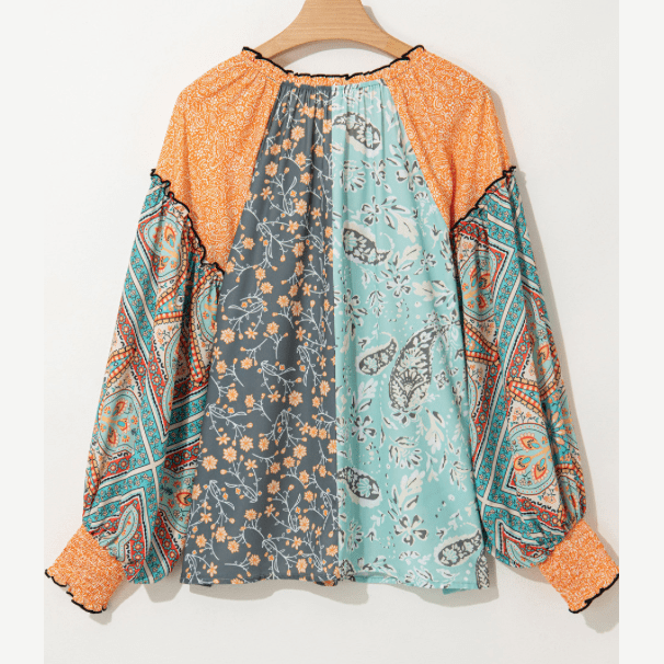 RTS Camryn Green Floral Patchwork Lantern Sleeve Buttoned V Neck PLUS SIZE Blouse