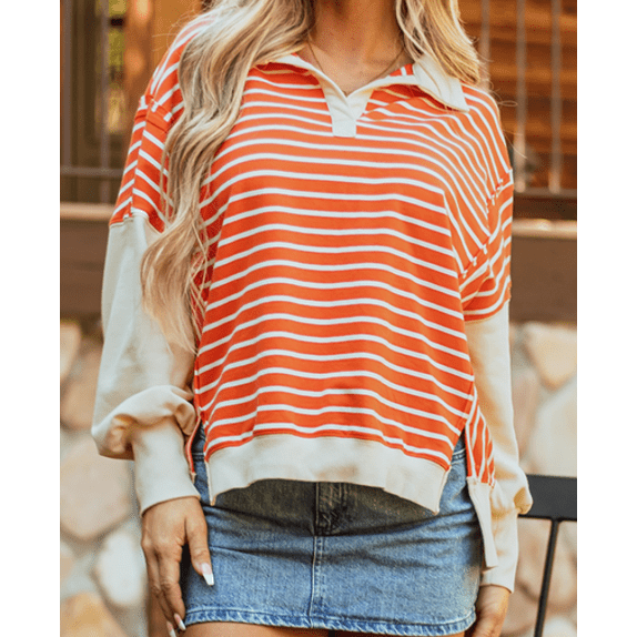 Chana Orange Stripe Color Block Loose Fit Collared Drop Shoulder Sweatshirt