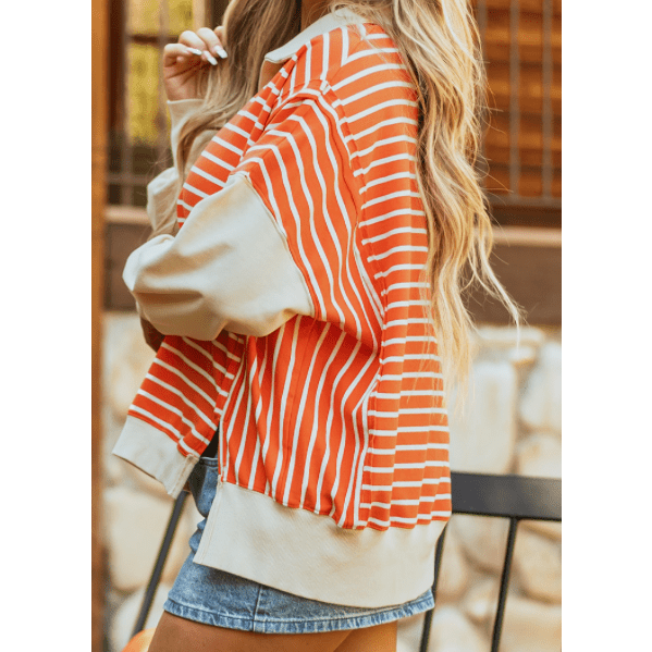 Chana Orange Stripe Color Block Loose Fit Collared Drop Shoulder Sweatshirt
