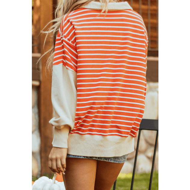 Chana Orange Stripe Color Block Loose Fit Collared Drop Shoulder Sweatshirt