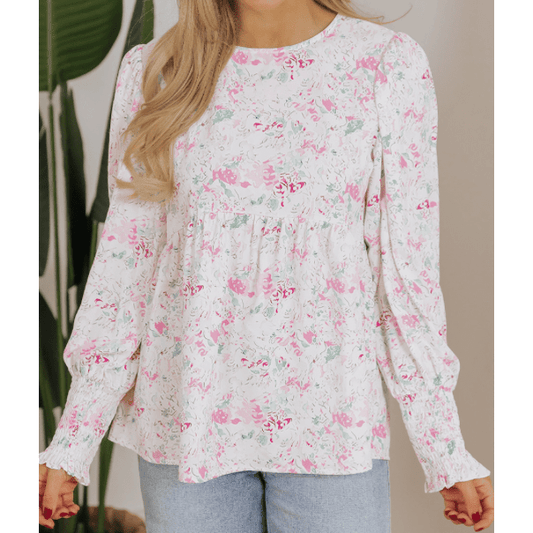 REDUCED!!! Elliana Pink Floral Print Shirred Balloon Sleeve Keyhole Back Babydoll Blouse  REDUCED!!!