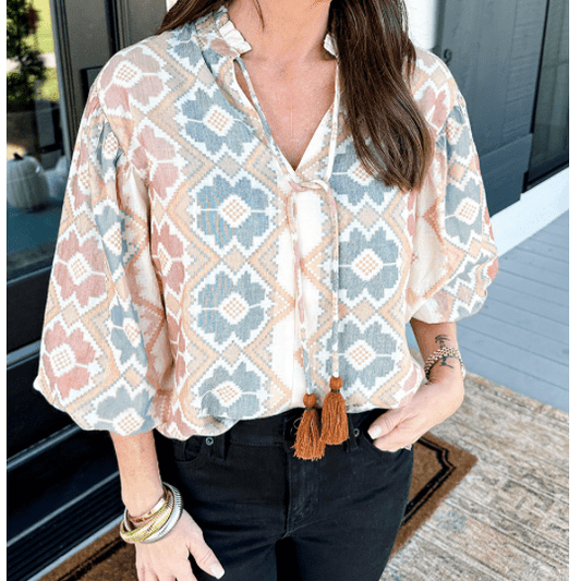 REDUCED!!!  Jabez Khaki Geometric Print Tassel Tie Split Neck Balloon Sleeve Blouse  REDUCED!!!
