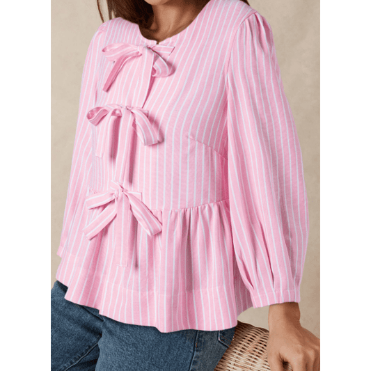 Taysha Pink Stripe Bowknot Front Crew Neck Puff Sleeve Blouse