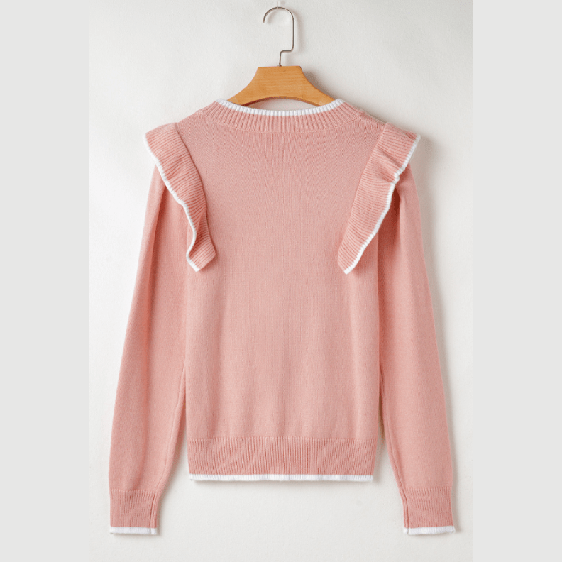 Magalie Light Pink Ruffled Bowknot Ribbed Trim Long Sleeve Sweater