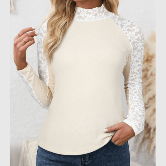 Deema Beige Floral Lace Patchwork Long Sleeve High Neck Slim Top