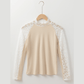 Deema Beige Floral Lace Patchwork Long Sleeve High Neck Slim Top