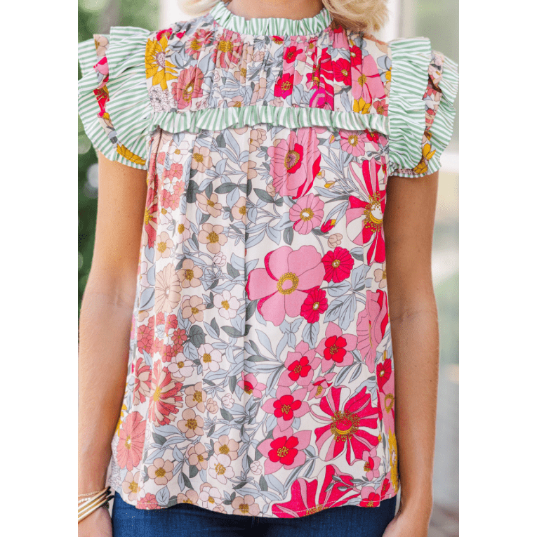 Angil Pink Floral Print Contrast Ruffle Trim Short Sleeve Blouse