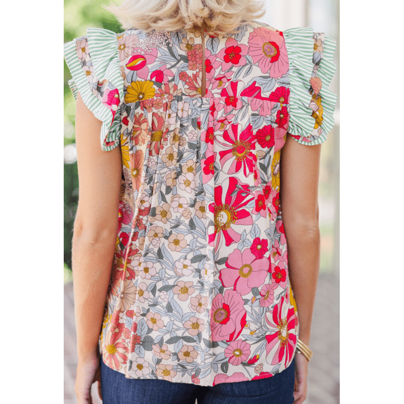 Angil Pink Floral Print Contrast Ruffle Trim Short Sleeve Blouse