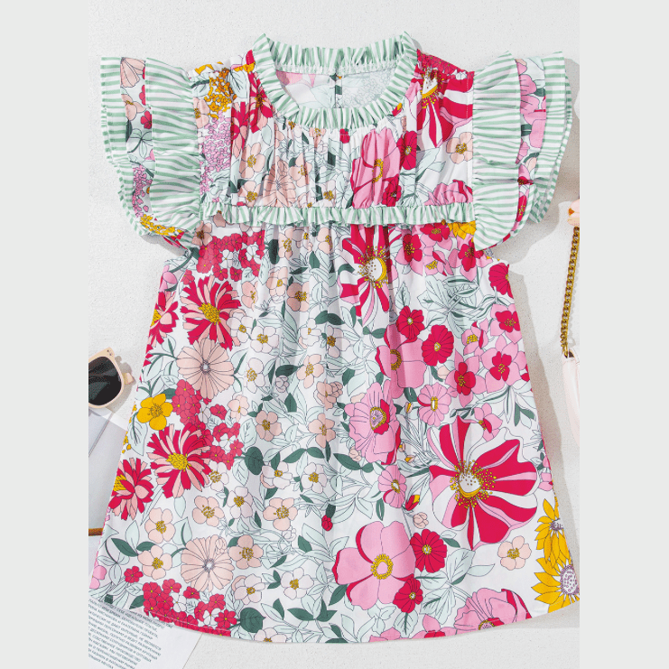 Angil Pink Floral Print Contrast Ruffle Trim Short Sleeve Blouse