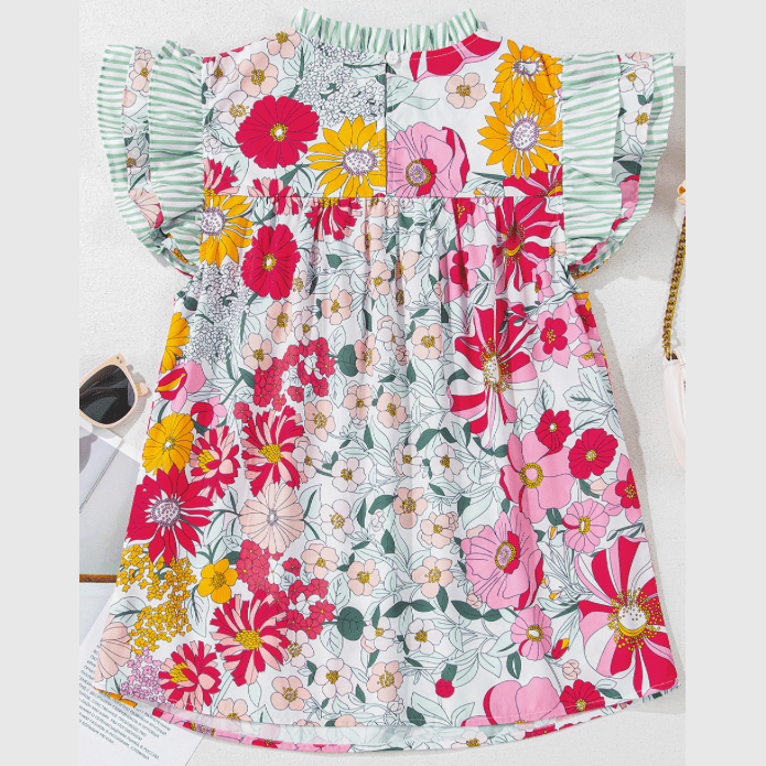 Angil Pink Floral Print Contrast Ruffle Trim Short Sleeve Blouse