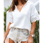 SALE!!!  Floralina White Crinkled Lace Sleeve Collared V Neck Blouse  SALE!!!