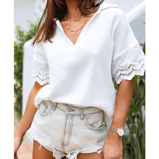 SALE!!!  Floralina White Crinkled Lace Sleeve Collared V Neck Blouse  SALE!!!