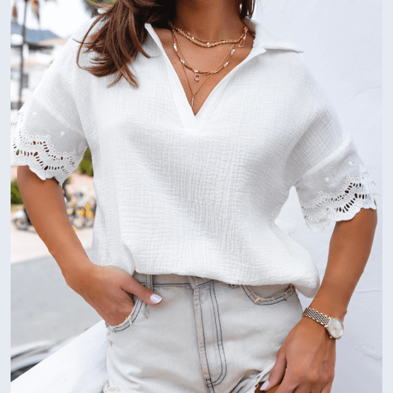 SALE!!!  Floralina White Crinkled Lace Sleeve Collared V Neck Blouse  SALE!!!