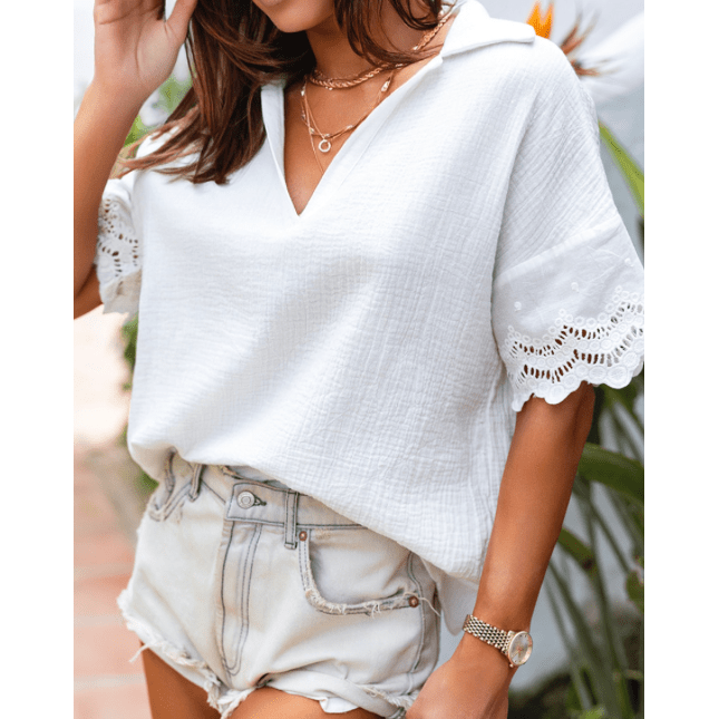 SALE!!!  Floralina White Crinkled Lace Sleeve Collared V Neck Blouse  SALE!!!