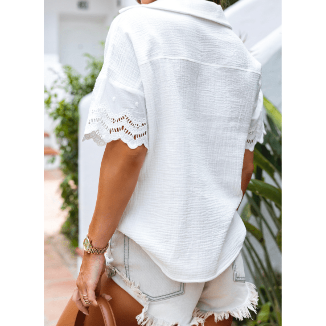 SALE!!!  Floralina White Crinkled Lace Sleeve Collared V Neck Blouse  SALE!!!