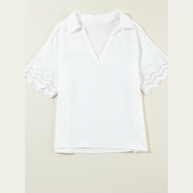 SALE!!!  Floralina White Crinkled Lace Sleeve Collared V Neck Blouse  SALE!!!