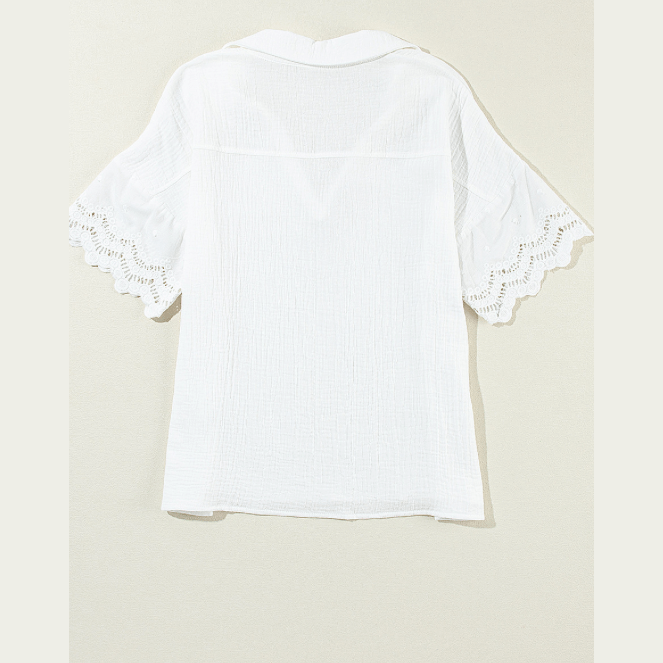 SALE!!!  Floralina White Crinkled Lace Sleeve Collared V Neck Blouse  SALE!!!