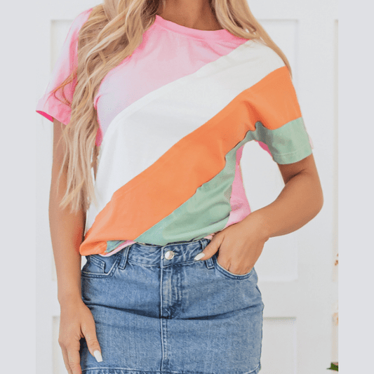 Vergara Pink Color Block Patchwork Seamed Crewneck T Shirt