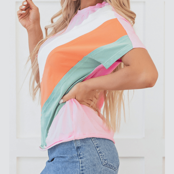 Vergara Pink Color Block Patchwork Seamed Crewneck T Shirt