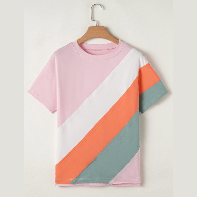 Vergara Pink Color Block Patchwork Seamed Crewneck T Shirt
