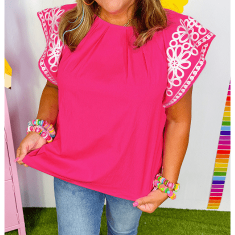 Artessa Strawberry Pink Floral Embroidered Flutter Sleeve Pleated O Neck Plus Size Blouse