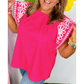 Artessa Strawberry Pink Floral Embroidered Flutter Sleeve Pleated O Neck Plus Size Blouse