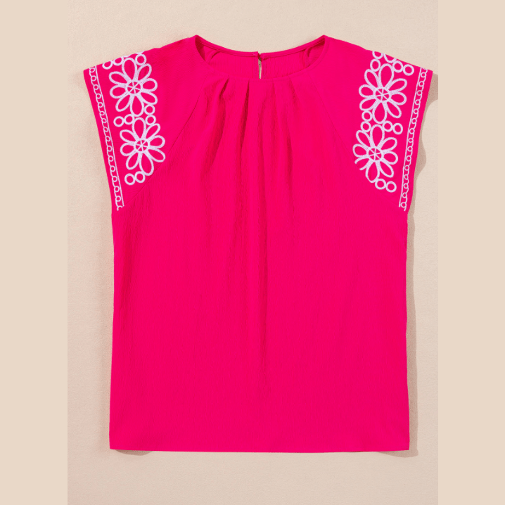 Artessa Strawberry Pink Floral Embroidered Flutter Sleeve Pleated O Neck Plus Size Blouse