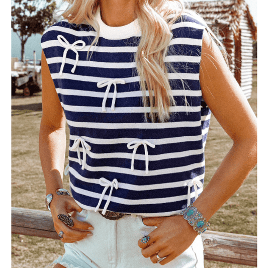Cherish Blue Stripe Knitted Bow Decor Sweater