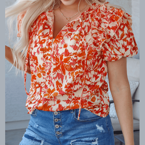 REDUCED!!!  Gabriella Orange Floral Print Ruffled Short Puff Sleeve Split Neck Blouse  REDUCED!!!