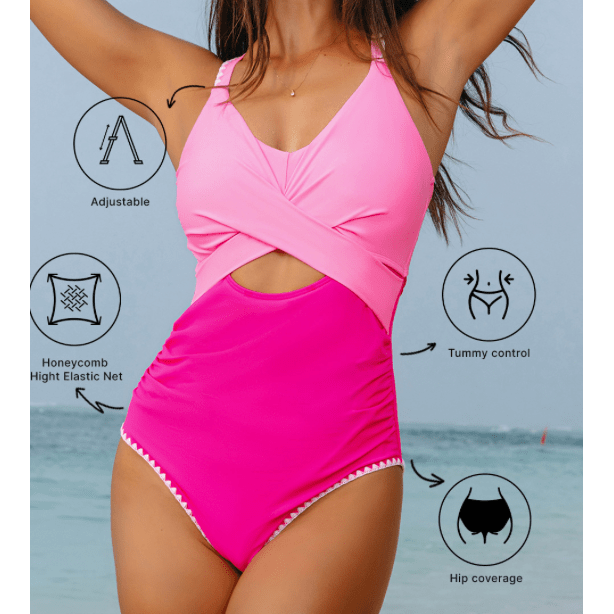 Mitzi Ric Rac Trim Contrasted Patchwork Cutout One Piece Swimsuit