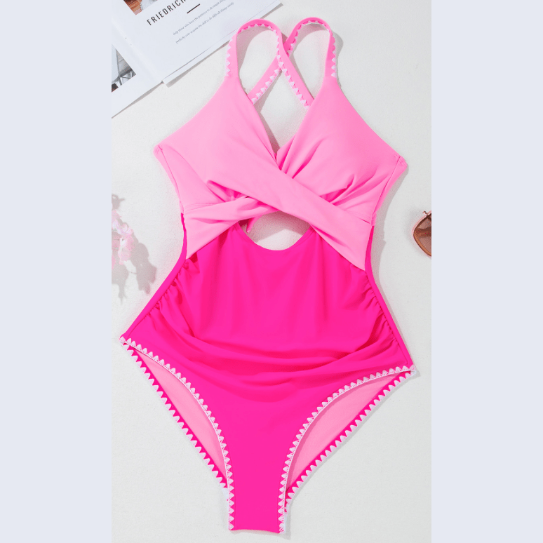 Mitzi Ric Rac Trim Contrasted Patchwork Cutout One Piece Swimsuit