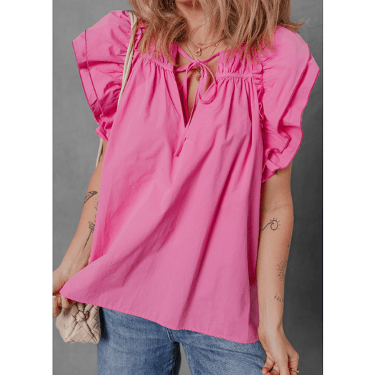 REDUCED!!!  Kaylynn Sachet Pink Shirred Yoke Lace up V Neck Ruffled Sleeve Blouse  REDUCED!!!