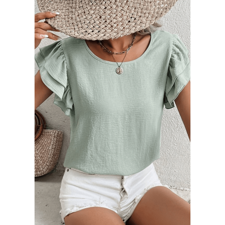 Madisyn Green Ruffled Short Sleeve Casual Blouse