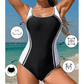 Naylah Black Color Block Ric Rac Trim U Neck One Piece Swimsuit