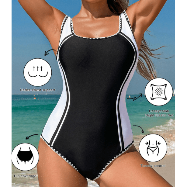 Naylah Black Color Block Ric Rac Trim U Neck One Piece Swimsuit