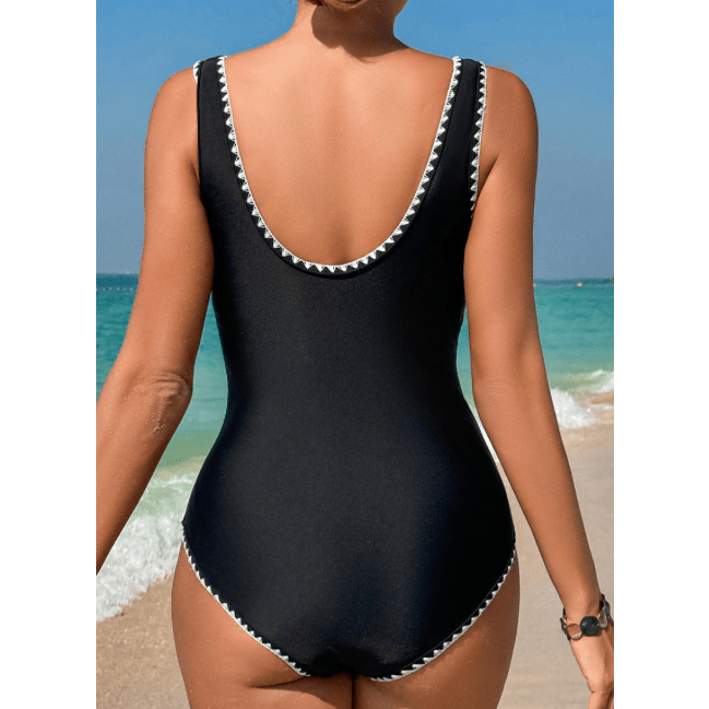 Naylah Black Color Block Ric Rac Trim U Neck One Piece Swimsuit