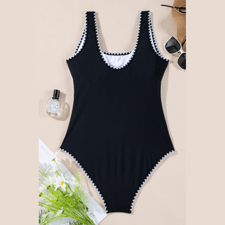 Naylah Black Color Block Ric Rac Trim U Neck One Piece Swimsuit