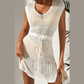 Taylar Beige Open Knit Drawstring Waist Beach Coverup Dress