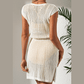 Taylar Beige Open Knit Drawstring Waist Beach Coverup Dress