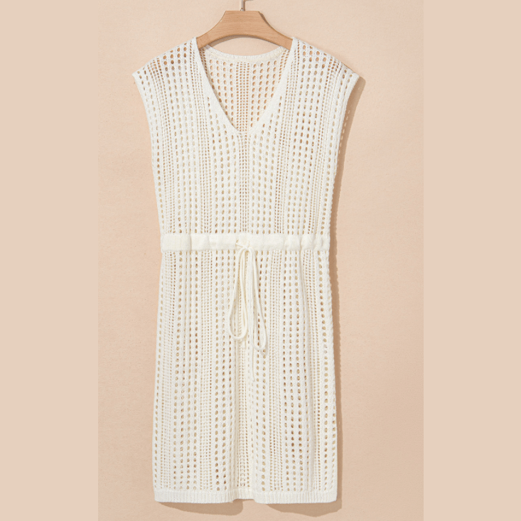 Taylar Beige Open Knit Drawstring Waist Beach Coverup Dress